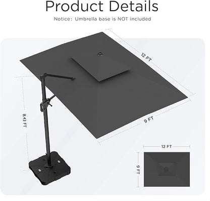 9' X 12' Cantilever Patio Umbrella 360°Rotation Rectangular Outdoor Large Offset Umbrellas Double Top Heavy Duty Windproof for Garden Deck Pool Backyard, Grey