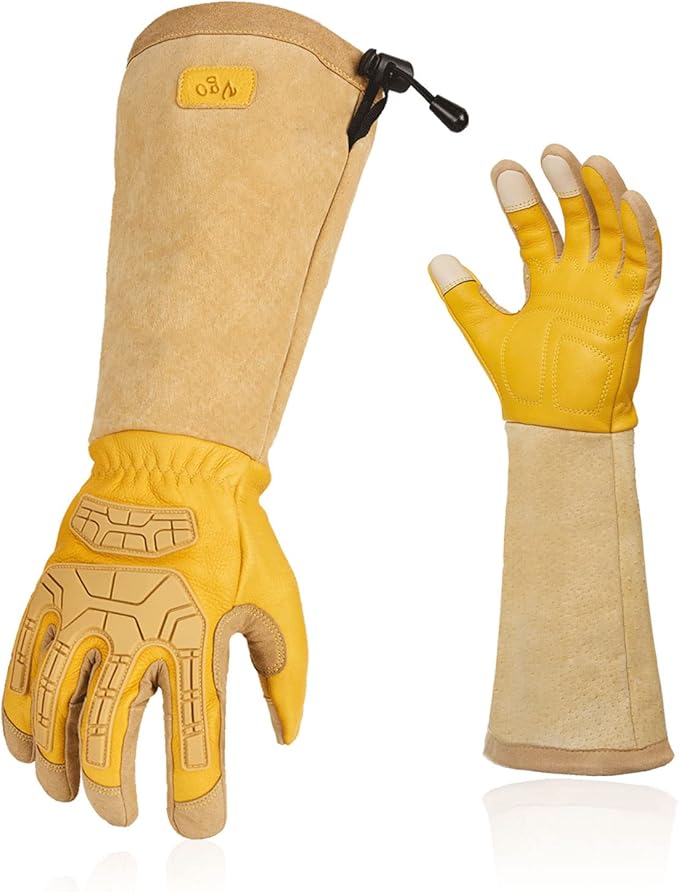 Vgo... Safety Work Gloves Men,Extra-long Cuff Thornproof,Premium Cow Grain Leather,Anti-abrasion, Anti-Impact,Gardeing (1 Pair,Size XL, Gold, CA9659)