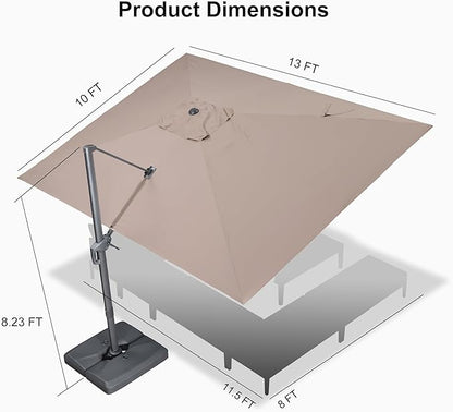 PURPLE LEAF 10' X 13' Patio Umbrella Large Rectangle Outdoor Aluminum Cantilever Umbrella with 3-Year Fade Resistance Recycled Fabric and 360-degree Rotation for Deck Pool Garden,Sand Dune