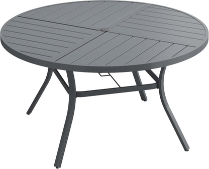 DIFY 53.1" Round Outdoor Patio Dining Table for 6-8, All-Weather Metal Steel Slatted Patio Table with 1.57" Adjustable Umbrella Hole, for Lawn Garden Porch Backyard, Grey