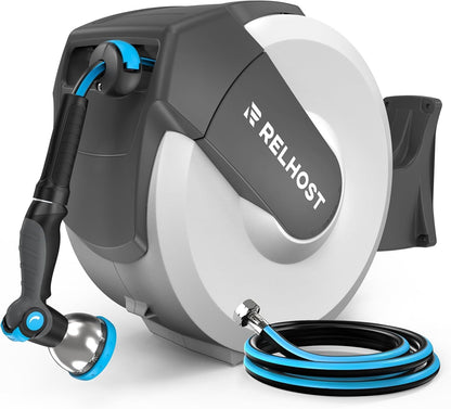 Retractable Garden Hose Reel - 100 ft x 5/8 in Heavy Duty Wall Mount with Auto Rewind, Any Length Lock, 180° Swivel Bracket & 10-Pattern Nozzle (White & Grey)