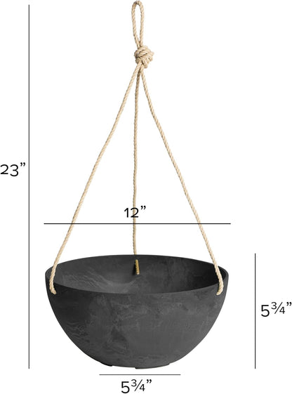 Root & Vessel Self Watering Hanging Planter for Indoor or Outdoor Plants, Unique Marbled Hanging Basket Made of Eco-Friendly Blend of Stone & Plastic, Black, 12"