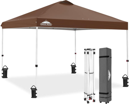 EAGLE PEAK Pop Up Canopy Tent with Wheeled Carry Bag, 8 Stakes, 4 Ropes, 4 Weight Bags, Easy Set Up Tent Canopy, 10x10 ft, 100sqft of Shade, Dark Brown