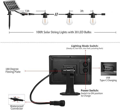 SUNTHIN 100ft Solar String Light Outdoor, USB Rechargeable Patio Solar Outdoor Lights with Waterproof & Shatterproof 30 LED Bulbs for Backyard, Porch, Garden, Pool, Party, Camping