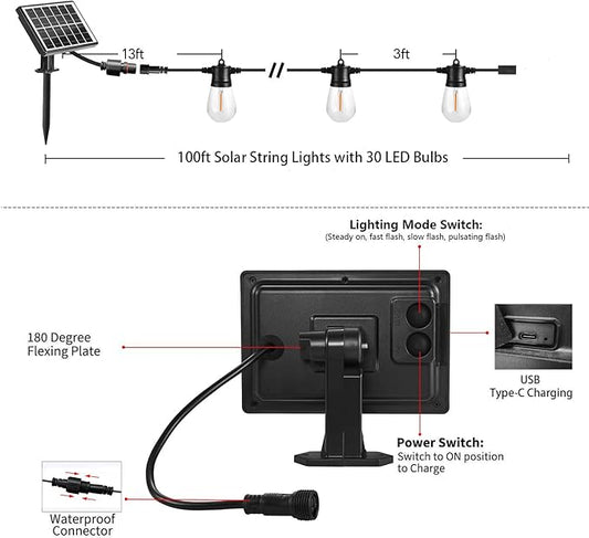SUNTHIN 100ft Solar String Light Outdoor, USB Rechargeable Patio Solar Outdoor Lights with Waterproof & Shatterproof 30 LED Bulbs for Backyard, Porch, Garden, Pool, Party, Camping