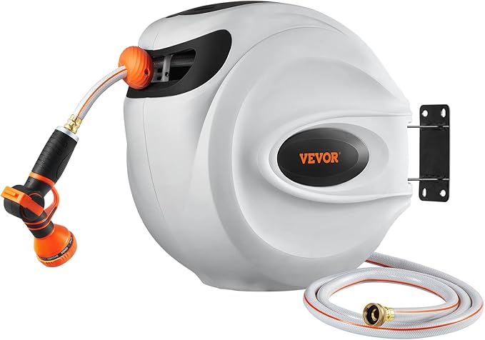 VEVOR Retractable Hose Reel, 130 ft x 1/2 inch, Garden Water Hose Reel with 9-Pattern Nozzle, 180° Swivel Bracket Wall-Mounted, Automatic Rewind, Lock at Any Length, with Slow Return System
