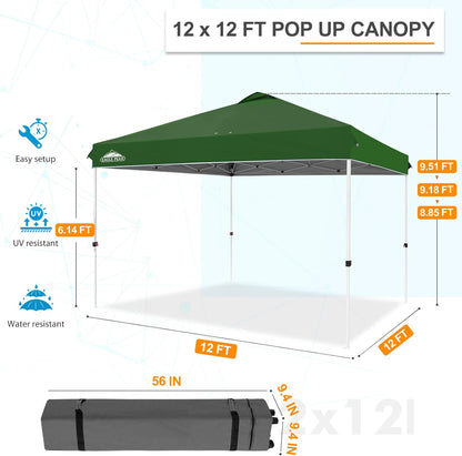 EAGLE PEAK Pop Up Canopy Tent with Wheeled Carry Bag, 8 Stakes, 4 Ropes, 4 Weight Bags, Easy Set Up Tent Canopy, 12x12 ft, 144sqft of Shade, Green