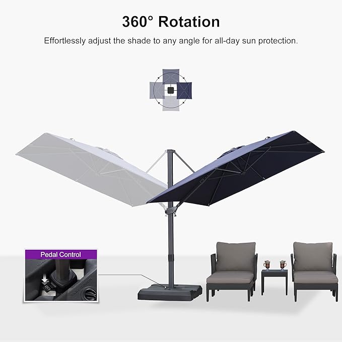 PURPLE LEAF 8' × 8' Patio Cantilever Umbrella Outdoor Square Adjustable Offset Umbrellas with 360-degree Rotation and 8 Heavy Duty Metal Ribs for Garden Deck Pool Navy Blue