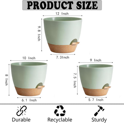 Indoor Pot For Plants 3 Pack 12/10/9 Inch Self Watering Pot For Lazy People,Self Watering Pots For Indoor Plants,Outdoor Pots For Succulent, African violets And Cactus Green Plastic Flower Pots