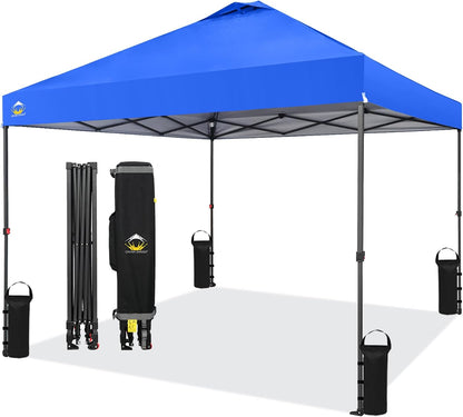 CROWN SHADES 10x10 Pop Up Canopy Tent - Patented Center Lock One Push Instant Outdoor Canopy Beach Tent with STO-N-Go Bag 8 Stakes & 4 Sand Bags，Blue