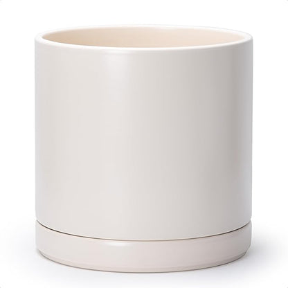 D'vine Dev 12 Inch Ceramic Planter Pot with Drainage Hole and Saucer, Indoor Cylinder Round Planter Pot, Oatmeal, 94-O-F-8