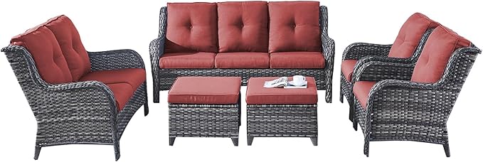 Rilyson Outdoor Patio Furniture Sofa Set - 6 Piece Rattan Wicker Patio Sectional Conversation Sets with 1 Sofa,1 Loveseat,2 Armrest Chairs and 2 Ottomans for Porch Deck Garden(Mixed Grey/Red)