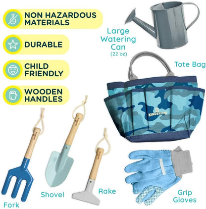 Gardening Set, Tool Kit, for Kids, STEM, Includes Tote Bag, Spade, Watering Can, Rake, Fork, Trowel and Gloves (Camo Quest)