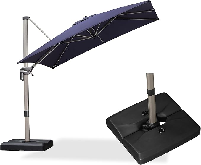 PURPLE LEAF Patio Umbrella with Base Included, 8ft Outdoor Aluminum Cantilever Umbrella with 360° Rotation, Champagne Offset Umbrella for Outdoor Garden Pool, Navy Blue