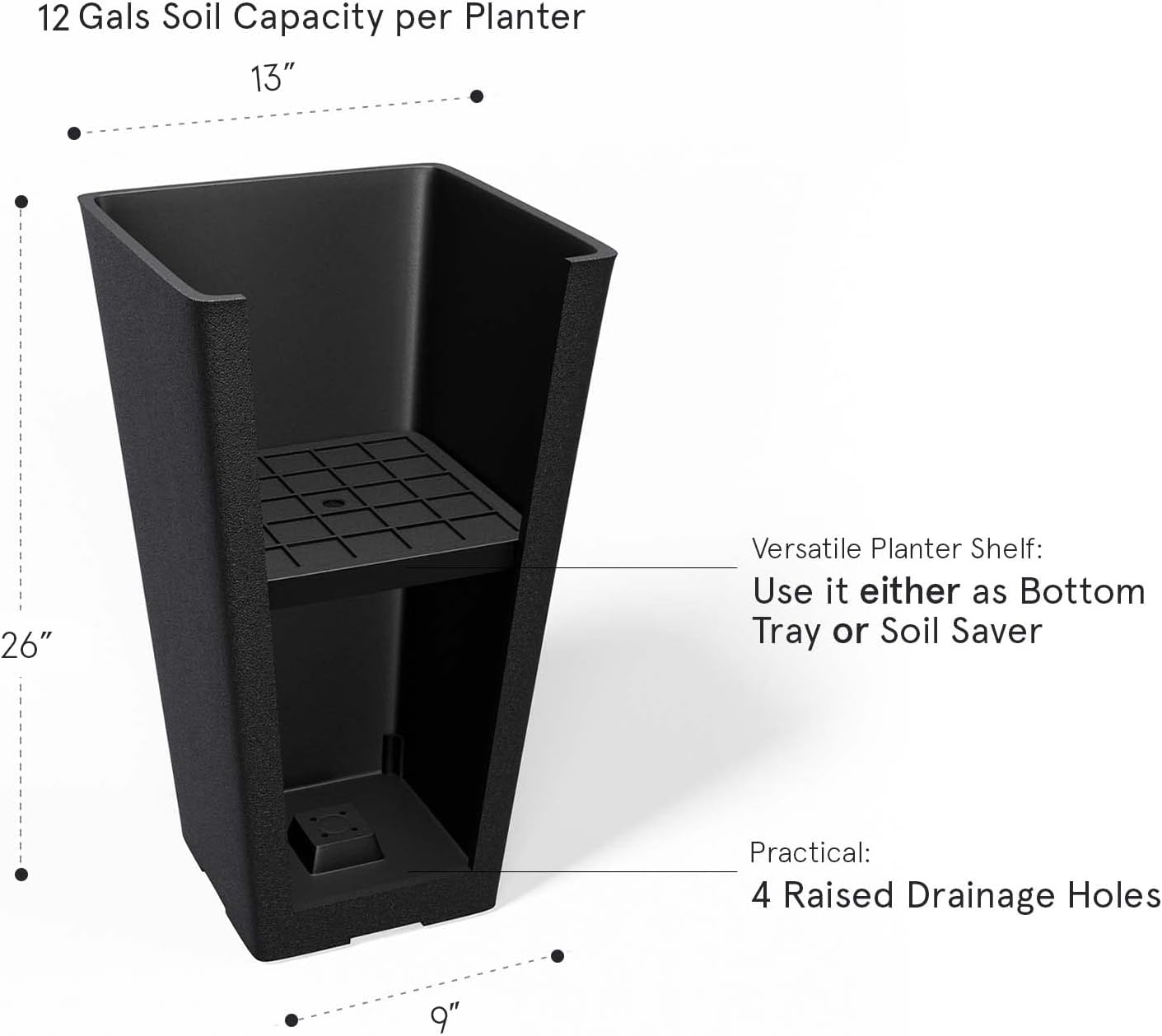 LA JOLIE MUSE 26 inch Tall Black Planters for Outdoor Plants,Set of 2 Tapered Planters with Trays,V-Shape Rectangular Garden Planters for Front Door, Patio and Deck