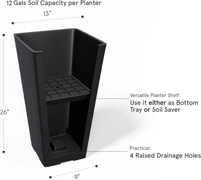LA JOLIE MUSE 26 inch Tall Black Planters for Outdoor Plants,Set of 2 Tapered Planters with Trays,V-Shape Rectangular Garden Planters for Front Door, Patio and Deck