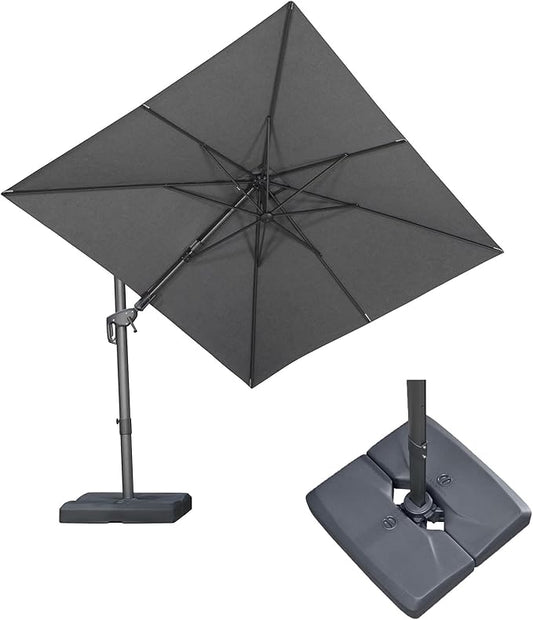 PURPLE LEAF 8' X 10' Swivel Outdoor Patio Aluminum Umbrella with Base Left-right Tilting Cantilever Offset Umbrella with UV Resistant Heavy Duty Fabric for Deck Pool Patio Backyard, Graphite Grey