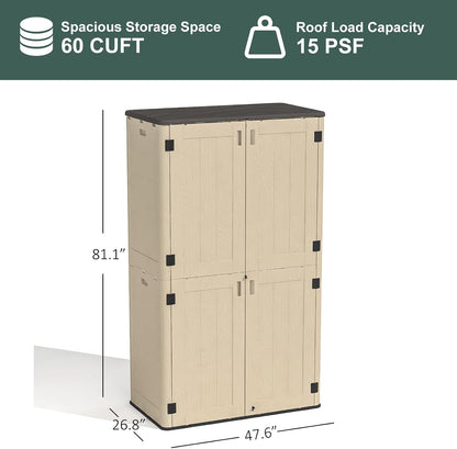 60 Cu.Ft Vertical Outdoor Storage Shed, All-Weather Resin Storage Cabinet Waterproof with Lockable Floor, Tall Backyard Shed for Patio Furniture, Garage, Garden, Pool Accessories, Porch (Khaki)