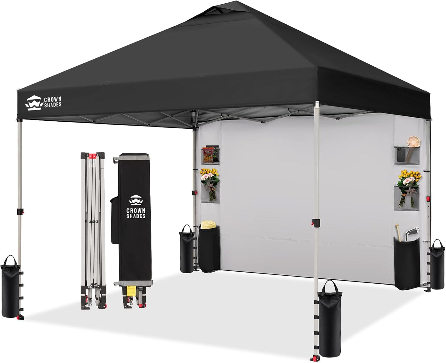 CROWN SHADES Canopy Tent, 10 x 10 Foot Portable Pop Up Outdoor Shelter with Pocket Sidewall, Push Center Lock, UV Protection, and Carry Bag, Black