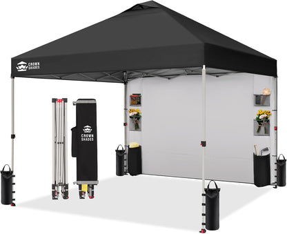 CROWN SHADES Canopy Tent, 10 x 10 Foot Portable Pop Up Outdoor Shelter with Pocket Sidewall, Push Center Lock, UV Protection, and Carry Bag, Black