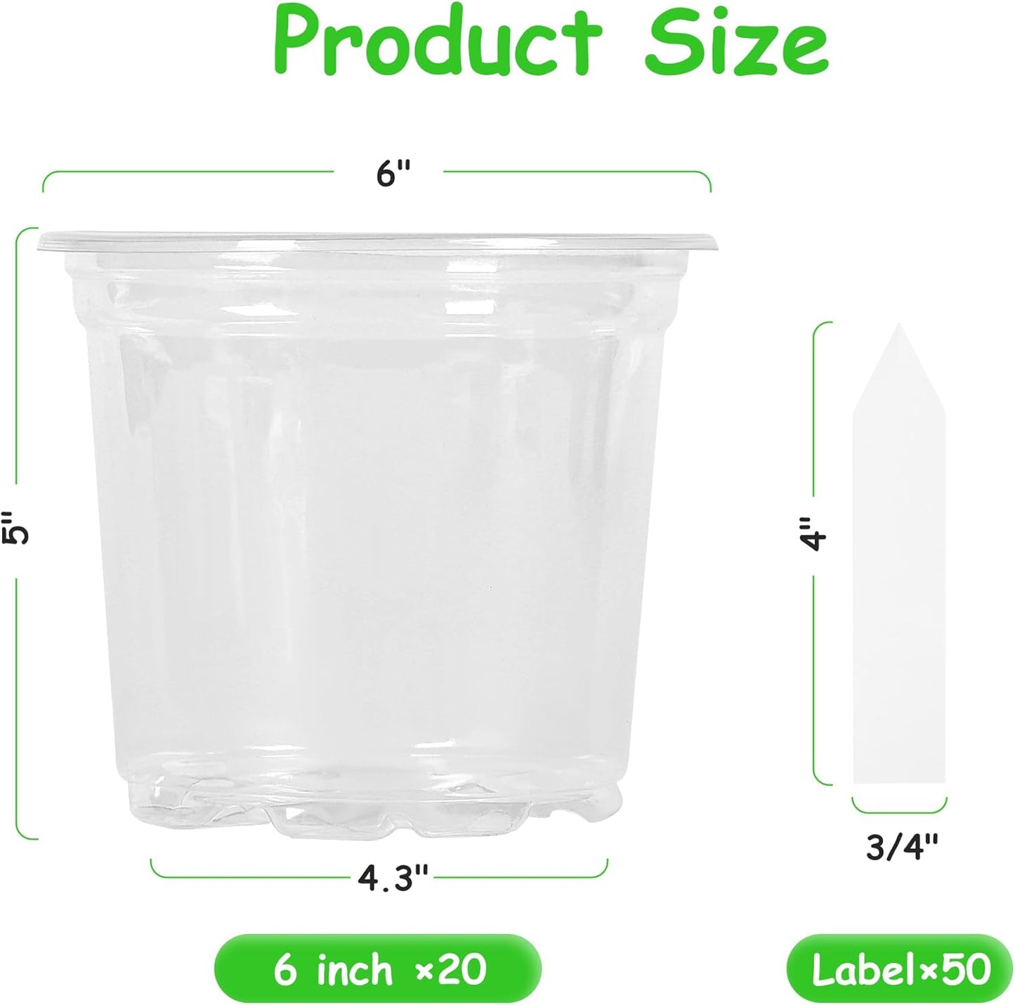 60 Pack 6 Inch Clear Nursery Pots with Drainage Holes, Transparent Plastic Plant Pots, Reinforced Seed Starter Garden Flower Pots, Comes with 50pcs Plant Labels