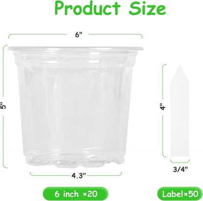 60 Pack 6 Inch Clear Nursery Pots with Drainage Holes, Transparent Plastic Plant Pots, Reinforced Seed Starter Garden Flower Pots, Comes with 50pcs Plant Labels