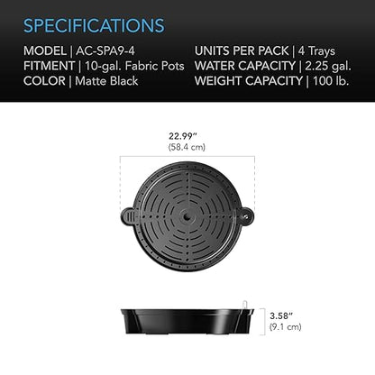 AC Infinity Self-Watering Fabric Pot Base XL, 4-Pack Auto-Irrigation Water Delivery System with Reservoir Meter, Extra Large Elevated Plant Saucers for Indoor Grow Tents, Greenhouses, Outdoor Gardens