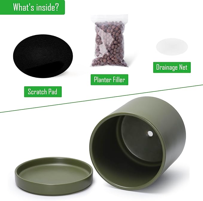 D'vine Dev 10 Inch Ceramic Planter Pot with Drainage Hole and Saucer, Indoor Cylinder Round Planter Pot, Olive, 94-O-E-J
