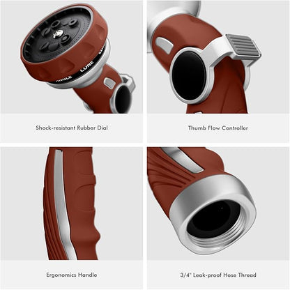 RESTMO Hose Nozzle Heavy Duty, Metal Water Hose Sprayer for Garden, 9 Spray Patterns | High Pressure | Thumb Flow Control | On/Off Valve, Ideal for Lawn & Plant Watering, Car & Pet Washing, Red