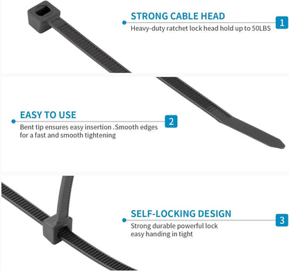 XINGO 5000 PCS Black Zip Ties 8 Inch, 60 LBS Tensile Strength, Self-Locking Nylon Plastic Nylon PA66 Wire Ties for Indoor and Outdoor Use