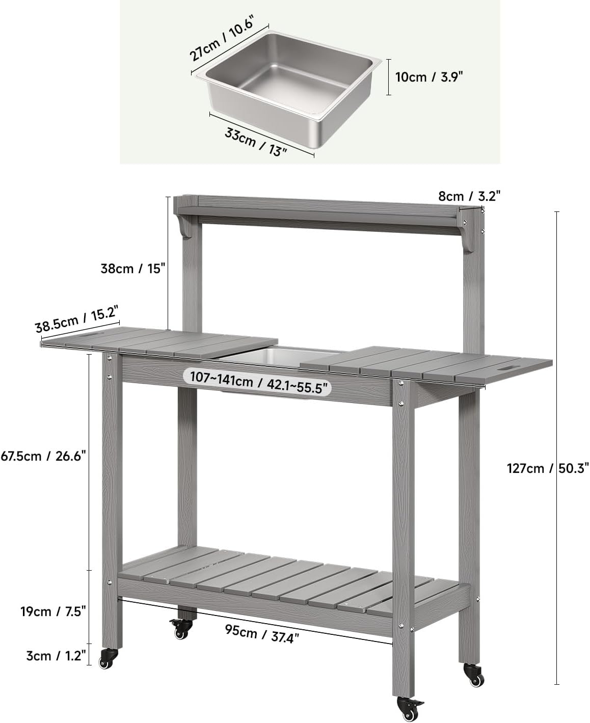 HDPS Outdoor Potting Bench with Sliding Tabletop/ 4 Wheels/Removable Sink, All-Weather Outside Garden Work Table, No Rust/Fade/Break, Potting Station for Porch, Patio & Backyard (Grey)