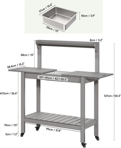 HDPS Outdoor Potting Bench with Sliding Tabletop/ 4 Wheels/Removable Sink, All-Weather Outside Garden Work Table, No Rust/Fade/Break, Potting Station for Porch, Patio & Backyard (Grey)
