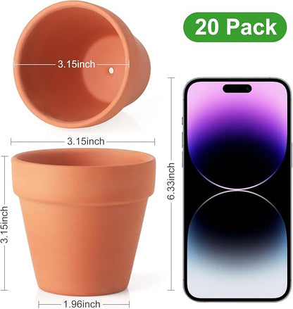 FAMILY 20 Pack 3.15 inch Terra Cotta Clay Flower Pots - Breathable and Paintable Indoor Mini Planters for Kids and Adults