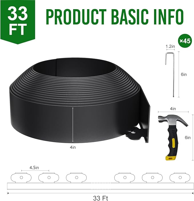 4 Inch Tall 33FT Landscape Edging with 45Pcs Metal Spikes, Plastic Garden Edging Border Landscape Edging Lawn Edging for Landscaping, Flower Bed, Paver, Yard