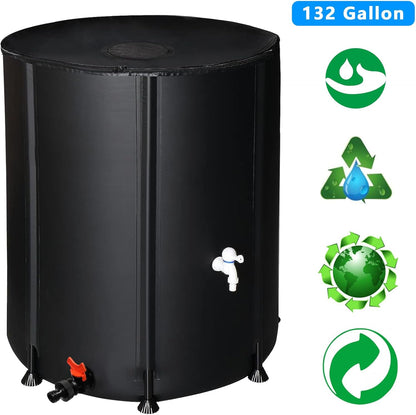 132 Gallon Collapsible Rain Barrel, Portable Rainwater Collection System, Water Storage Tank, Rain Catcher Barrel with Two Spigots and Overflow Kit, Rain Water Barrel Collector for Garden, Black