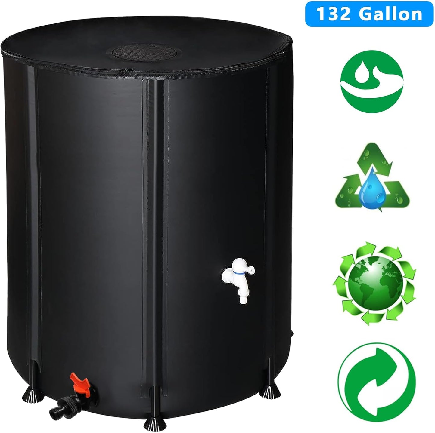 132 Gallon Collapsible Rain Barrel, Portable Rainwater Collection System, Rain Catcher Barrel, Water Storage Tank with Two Spigots and Overflow Kit, Rain Water Barrel Collector for Garden, Black