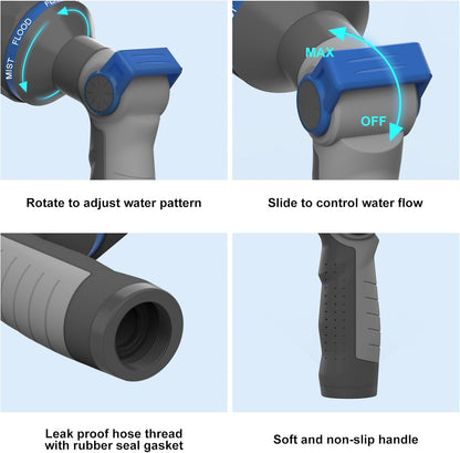 Garden Hose Nozzle heavy Duty - 9 Spray Patterns, High Pressure, Thumb Flow Control, On/Off Valve - Ideal for Lawn Watering, Car Wash & Pet Cleaning