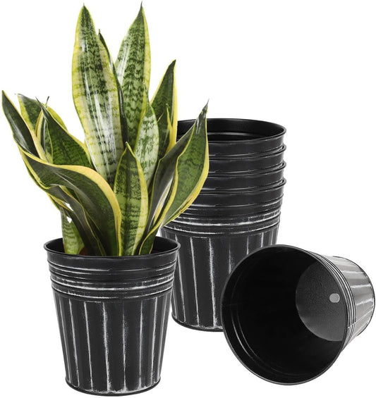 vensovo 7 Inch Black Metal Rustic Flower Pots - 6Pcs Medium Galvanized Planters with Drainage Hole and Rubber Plug, Rustproof Metal Bucket Plant Pots Farmhouse Vintage Style for Decor