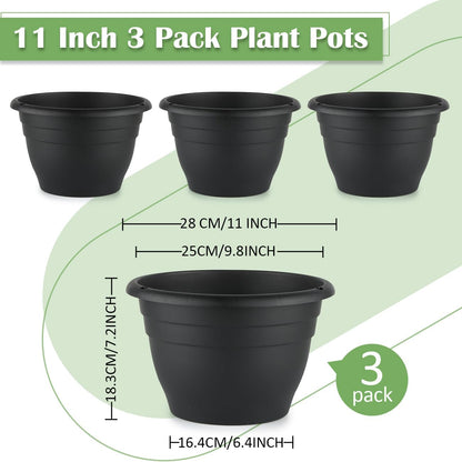 Plant Pots Indoor with Drainage, 3 Pack 11 Inch Plastic Pots for Plants（10 inch Inner Diameter）, Durable Plastic Flower Pots, Planters for Indoor Ourdoor Plants, Black