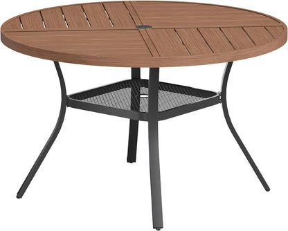 VICLLAX Round Patio Table with Adjustable Umbrella Hole for 4, All Weather Metal Outdoor Dining Table for Lawn Garden, 40.6" Outdoor Coffee Table, Walnut Wood-Like Tabletop