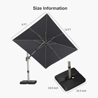 PURPLE LEAF 8' X 10' Left-right Tilting Patio Umbrella with Base Outdoor Swivel Cantilever Offset Aluminum Umbrella with Champagne Frame and 360-degree Rotation for Garden Deck Pool, Grey