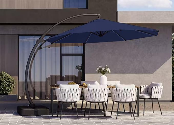 Kingdura 11ft Offset Cantilever Patio Umbrella with Solar Lights, Large Round Outdoor Umbrella with Base Included, Aluminum Frame, 360° Rotation & Infinite Tilt for Deck Pool Backyard, Dark blue