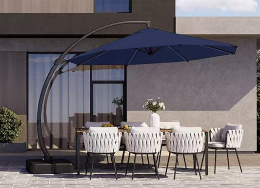 Kingdura 11ft Offset Cantilever Patio Umbrella with Solar Lights, Large Round Outdoor Umbrella with Base Included, Aluminum Frame, 360° Rotation & Infinite Tilt for Deck Pool Backyard, Dark blue