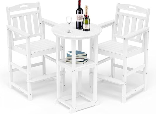 HDPE Outdoor Patio Bar Set with Bar Height Table and 2 Adirondack Chairs, All-Weather High Top Outside Round Pub Furniture for Bistro, Garden, Backyard, Deck | 3-Pieces, White