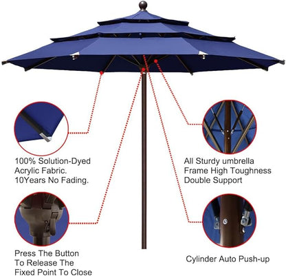 EliteShade USA 10-Year-Non-Fading 11Ft 3 Tiers Market Umbrella Patio Outdoor Cylinder Auto Push-up Table Umbrella with Ventilation, Navy Blue