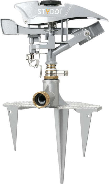 STYDDI Professional Heavy Duty Pulsating Sprinkler on Metal 3-Pronged Step Spike, Metal Pro Adjustable Circular Sprinkler for Large to Extra Large Yard, Areas, Lawn, Coverage up to 8500 Sq.FT