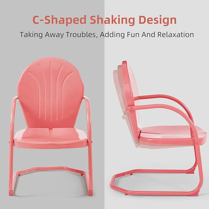 Patio Bistro Set Retro Metal Outdoor Seating Conversation 3 Pieces, 2 C-Spring Motion Armchairs and Round Side Table, for Porch, Lawn, Garden, Pink