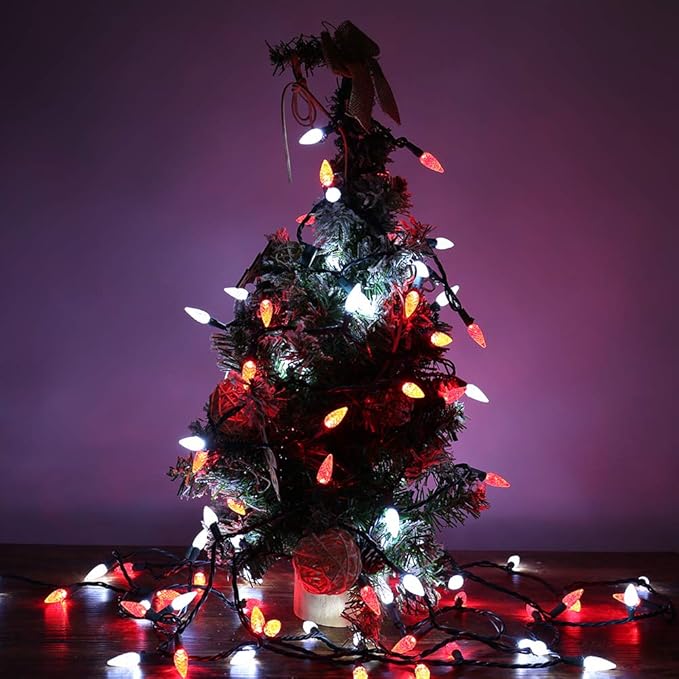 Brizled Red & White C5 Christmas Lights, 33ft 100 LED Christmas tree Lights, Connectable 120V UL Certified Faceted Christmas Lights Outdoor Indoor Xmas Lights for Christmas Tree Party Roof Decoration