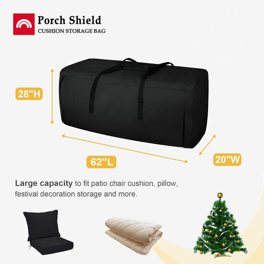Porch Shield Outdoor Cushion Storage Bag 62 inch Waterproof Outside Storage Bags for Patio Furniture with Zippers and Handles Black