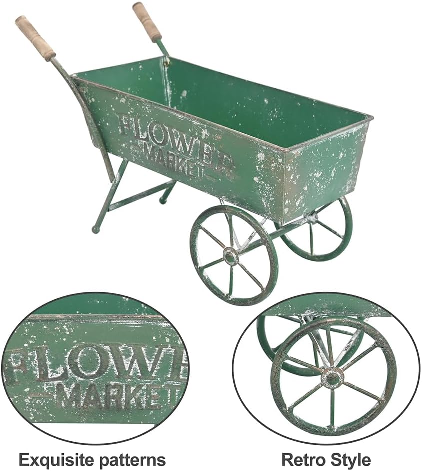 15 Inch Farmhouse Small Flower Cart with Wooden Handles Metal Wagon Planters for Outdoor Plants Decorative Wheelbarrow Plant Cart for Patio Garden Balcony Green